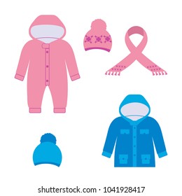 Vector illustration of a set of children's top warm clothes on white isolated background. Template for design of a store, poster, album.