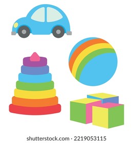 Vector illustration. Set of children's toys. Toddler toys. Cubes. Pyramid. Ball. Machine. Toys.