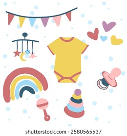 Vector illustration set of children's toys, clothes and attributes