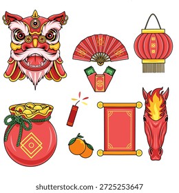 Conjunto de Ilustración vectorial de Elementos chinos del Año Nuevo que incluyen linternas, caballo de fuego, petardos, monedas chinas, danza del león y naranjas mandarinas. Decoraciones festivas del Año Nuevo Lunar en un estilo asiático tradicional.