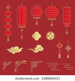 Vector illustration set of Chinese style lanterns, decorative items and frame parts.