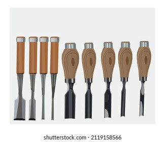 Vector illustration set of chisels, woodworking, manual tools, carpentry tools, carving wood tools