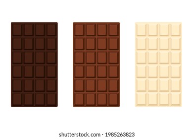 Vector illustration of a set of chocolate bars. Milk, white, bitter chocolate. Isolated on white background.
