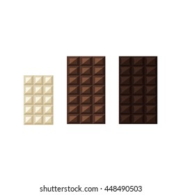 Vector illustration set of chocolate bars: white, milk, dark on white background