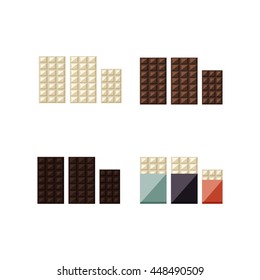 Vector illustration set of chocolate bars: white, milk, dark on white background