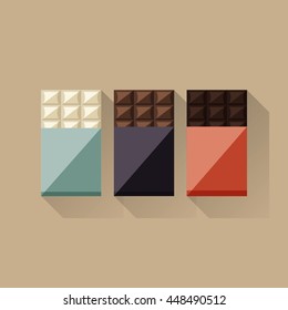 Vector illustration set of chocolate bars: white, milk, dark on brown background