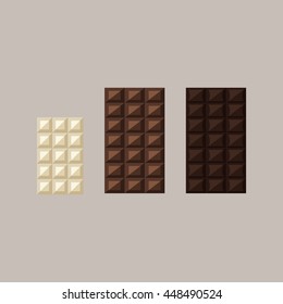 Vector illustration set of chocolate bars: white, milk, dark on grey background