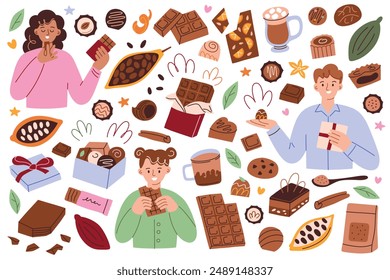 Vector illustration set of chocolate treats and people enjoying them, candies, cocoa beans, hot chocolate, and sweet holiday gifts. A woman, girl, and man with chocolates, cartoon birthday present