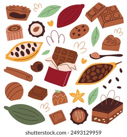 Vector illustration set of chocolate treats, candies, cakes, bars, cocoa beans. Flat, cartoon style, perfect for dessert and sweet themes. Delicious chocolate collection, isolated colored clipart