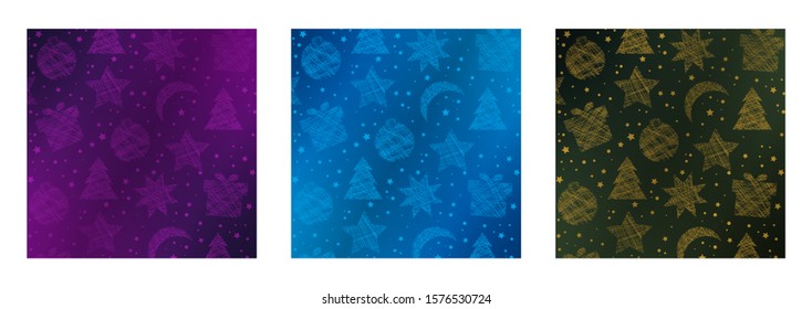 Vector illustration. Set of Christmas backgrounds. Christmas tree, balls, gifts, snow, stars. For postcards, posters, paper, posts, greetings.