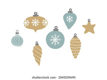 Vector illustration set of christmas balls with snowflake ornament. Hand drawn gold and blue boubles isolated on white background