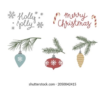 Vector illustration set of christmas balls and lettering. Hand drawn boubles on pine tree branch isolated on white background. Merry Christmas. Holly Jolly. 