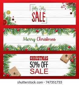 Vector illustration of Set of christmas banners sale with fir branches and red christmas balls
