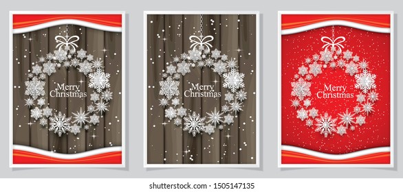 Vector and  illustration, Set of Christmas card with paper snowflake circle shape on wooden .
