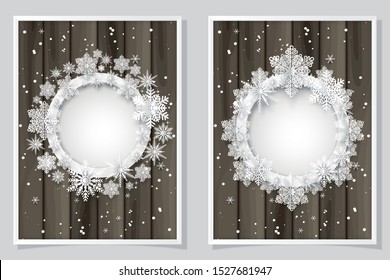 Vector and  illustration, Set of Christmas card with paper snowflake circle shape on wooden .