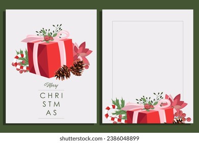 Ilustración vectorial. Juego de tarjetas de Navidad. Feliz Año Nuevo, Feliz Navidad. Decoración navideña. Regalos, juguetes, invierno, vacaciones. Banner vertical.