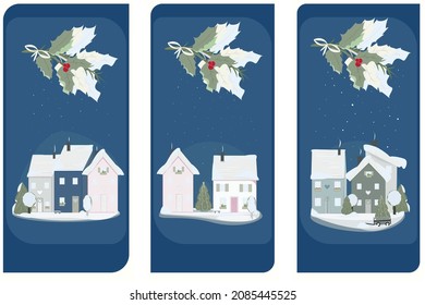 Vector illustration with set of Christmas cards.Decoration houses,trees on Christmas night.Beautiful element for desing holiday card,gift tags.