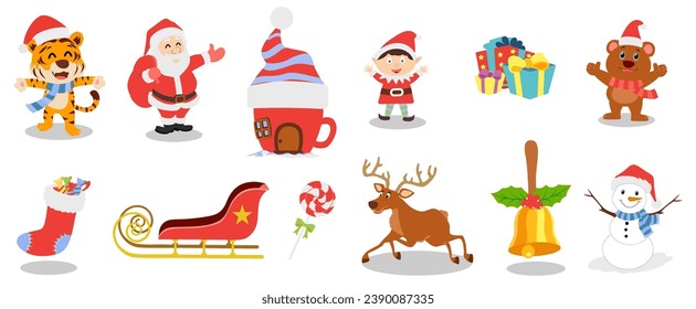 Vector illustration of set of christmas characters and items.	
