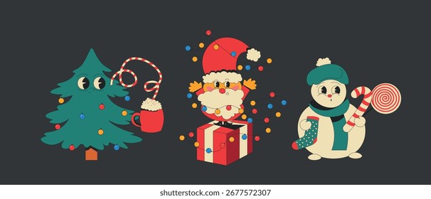 Vector illustration. Set of Christmas characters on dark background, collection. Isolated vector. Santa Claus, snowman, Christmas tree.