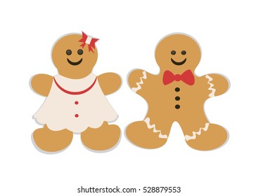 Vector illustration of set christmas cookies gingerbread girl and boy decorated with icing. Xmas sweet food.