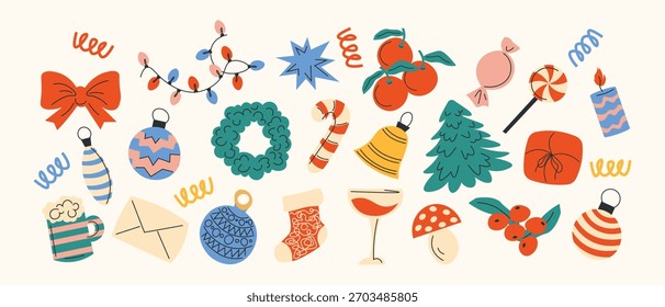 Ilustración vectorial. Conjunto de Elementos de diseño de decoración de Navidades. Estilo retro.