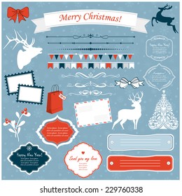 Vector illustration of a set of Christmas design elements in blue, red and white