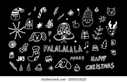 Vector Illustration set with Christmas in doodle style white line black background. Cute,New Year clip art hand drawn.Design for stickers,social media,packaging,web,postcards,posters.