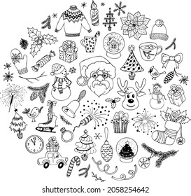 Vector illustration, a set of Christmas doodle sketches. Design element.