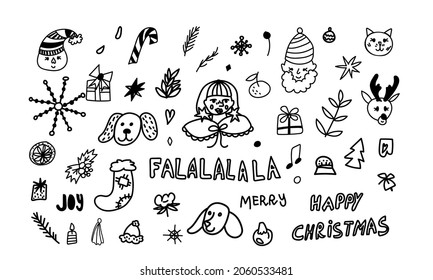 Vector Illustration set with Christmas in doodle style black line transparent background. Cute,New Year clip art hand drawn.Design for stickers,social media,packaging,web,postcards,posters.