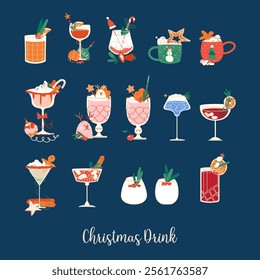 Vector illustration of a set of Christmas drinks, including hot cocoa, coffee, tea, and festive cocktails. Decorated with holiday elements like candy canes, whipped cream and seasonal garnishes. 