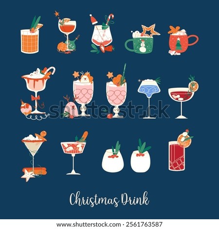 Vector illustration of a set of Christmas drinks, including hot cocoa, coffee, tea, and festive cocktails. Decorated with holiday elements like candy canes, whipped cream and seasonal garnishes. 