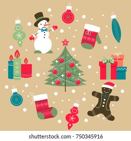Vector illustration - set of Christmas elements including gingerbread, Christmas tree decorations, snowman, gifts, candles, sock, mitten