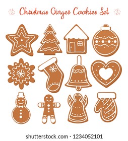 Vector illustration set of Christmas Gingerbread set with white decorative glaze. Ginger cookies in Christmas style isolated on white background in flat cartoon style.