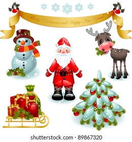 Vector illustration - set of christmas icons. Santa claus with gifts, snowman, deer and christmas tree. Banner Merry Christmas and happy new year