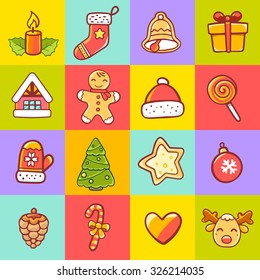 Vector illustration of set of christmas items on colorful background. Bright color. Hand draw line art design for web, site, advertising, banner, poster, board, postcard, print and greeting card. 