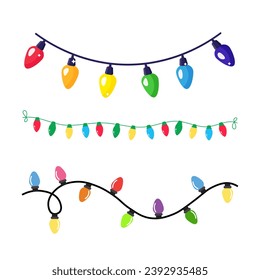 Vector illustration. Set of Christmas lights on a string. White background, set, Christmas, holidays. Colorful Christmas lights.