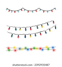 Vector illustration. Set of Christmas lights on a string. White background, set, Christmas, holidays. Colorful Christmas lights.