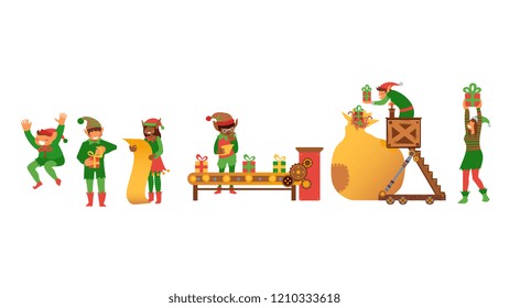 Vector illustration set of Christmas and New Year scenes with Santa Claus helpers elves preparing gifts for winter holiday in flat style isolated on red background for xmas design.
