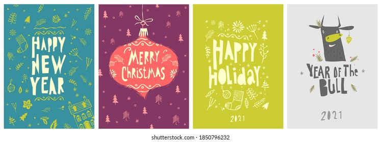 Vector illustration. A set of Christmas and new year cards and a postcard in the year of the bull.