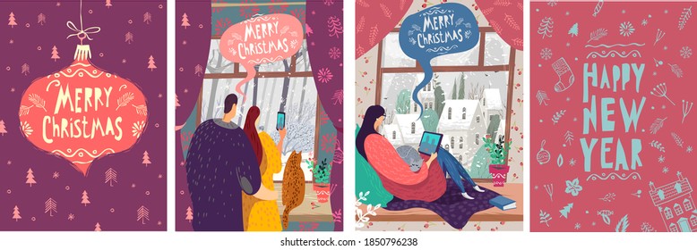 Vector illustration. Set of Christmas and new year cards. A set of pictures about the Christmas holidays, a cozy room in the winter. People wish Christmas via video conference.
