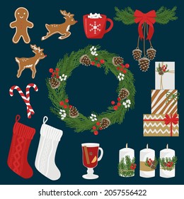 Vector illustration set Christmas, New Year decoration elements wreath, candles, gifts, gingerbread, mulled wine, Christmas sock.
