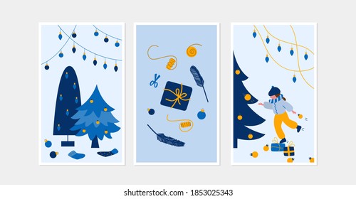 Vector illustration Set of Christmas postcards in blue colors. Three different vertical cards.