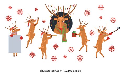 Vector illustration set of Christmas reindeer with red nose and various winter holiday symbols in flat style isolated on white background - xmas scenes with Santa Claus helper and snowflakes.