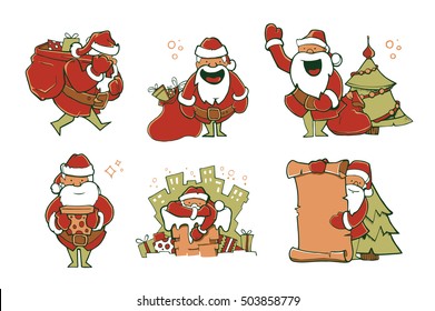 Vector illustration set of Christmas Santa Claus in different poses. Picture isolate on white background