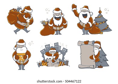 Vector illustration set of Christmas Santa Claus in different poses. Picture isolate on light background