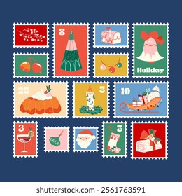 Vector illustration set of Christmas stamps featuring festive designs like snowflakes, Santa, drink, bell, home decor. For holiday greetings, scrapbooking, cards, invitations, and seasonal projects