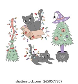 Vector illustration set of Christmas Tree in Witch Hat with Halloween ornaments in Pentagram Cauldron, Witch Broomstick Xmas Tree, Playfull Black Cat in Cardboard Box in Retro Whimsical style. Ideal