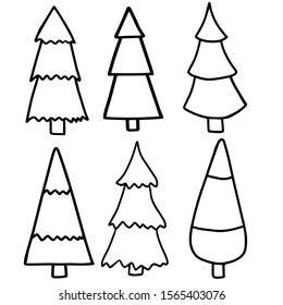 vector illustration, a set of Christmas trees on a white background, black and white drawing