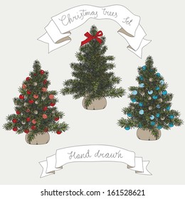 Vector illustration set with christmas trees. Hand drawn vector christmas trees.