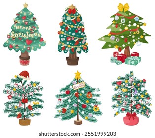 Vector illustration set of Christmas trees in different shapes with decorations on the trees, isolated on a white background.
